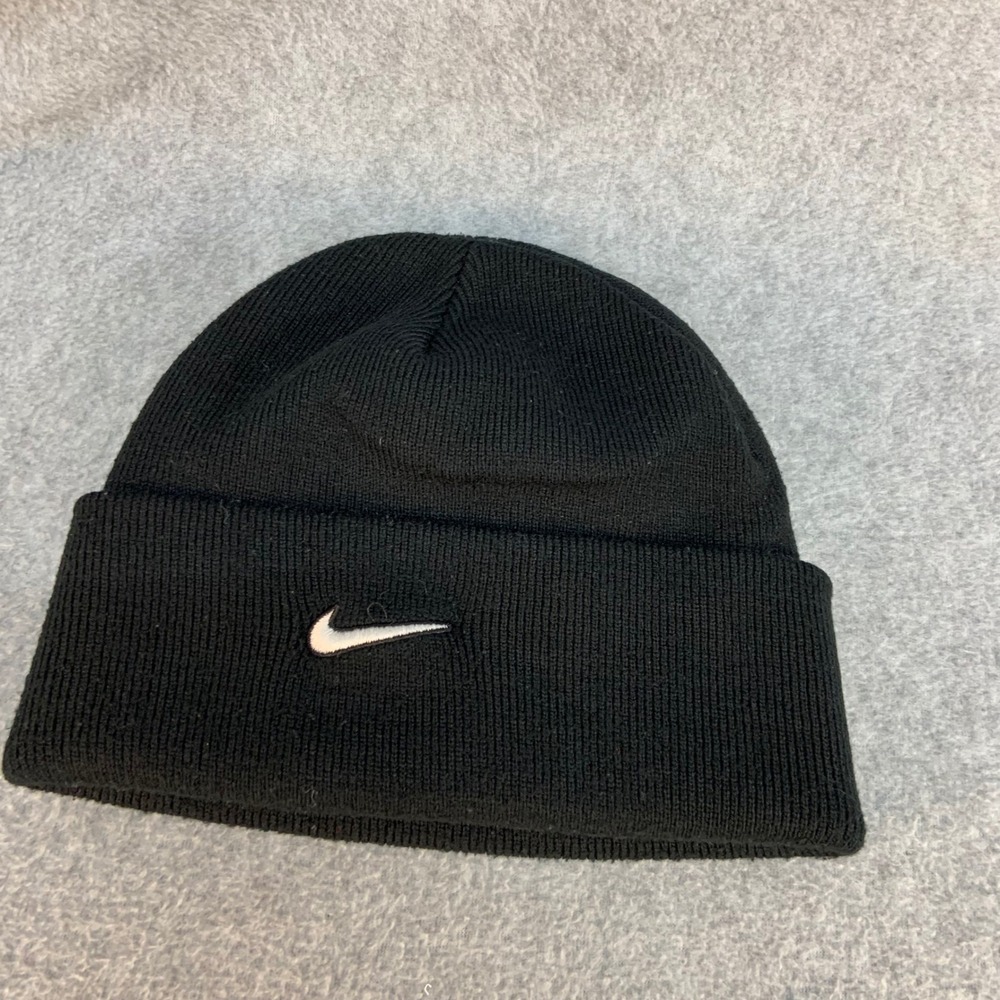 Embroidered Nike Swoosh Unisex Black Beanie Knit Cuffed Winter Hat One Size